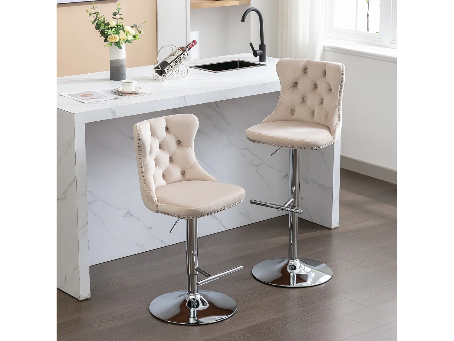Set of 6 Luxury Velvet Bar Stools with  Adjustable Swivel Chrome Base