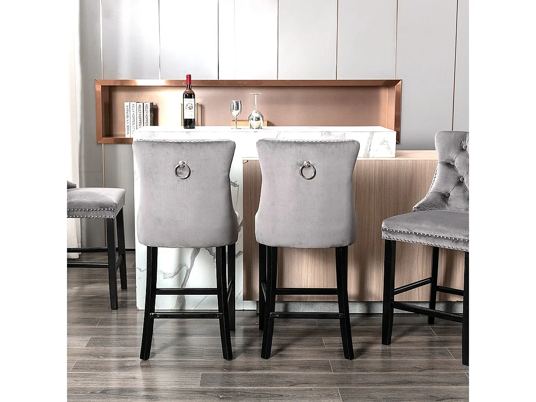 Set of 6 Velvet Bar Stools Kitchen Breakfast Barstools with Wooden Legs