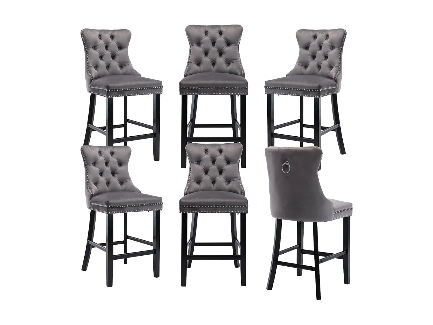 Set of 6 Velvet Bar Stools Kitchen Breakfast Barstools with Wooden Legs