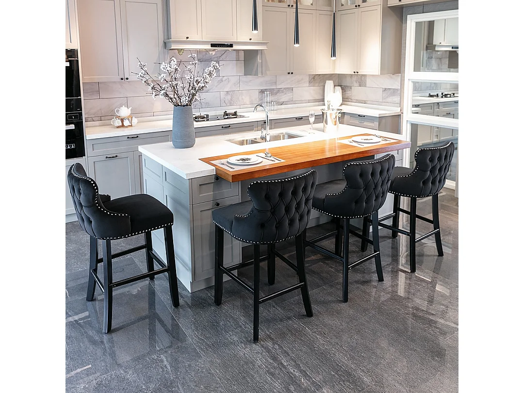 Set of 6 Wing Back Bar Stools with Velvet Upholstery and Oak Wood Legs