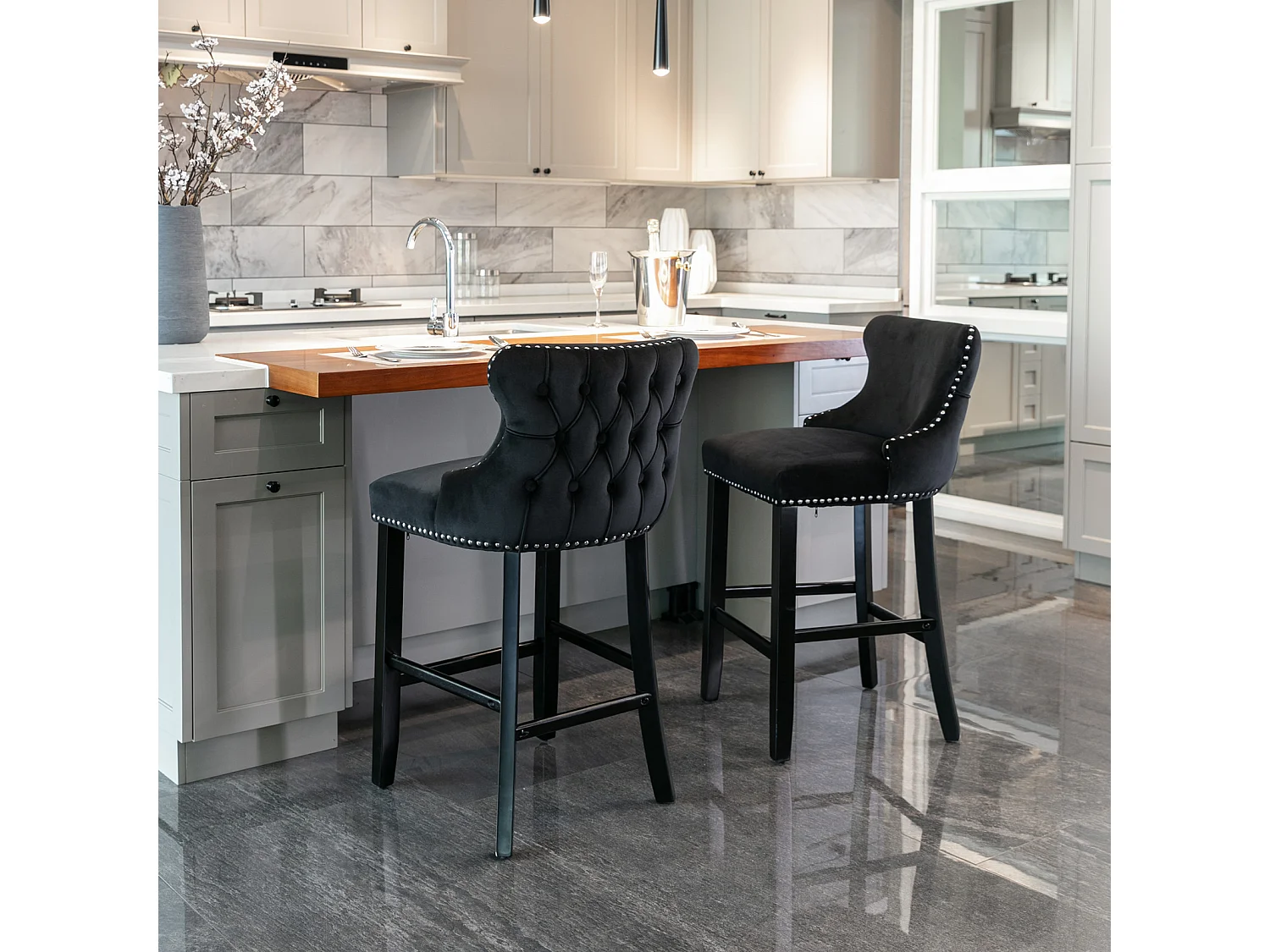 Set of 6 Wing Back Bar Stools with Velvet Upholstery and Oak Wood Legs