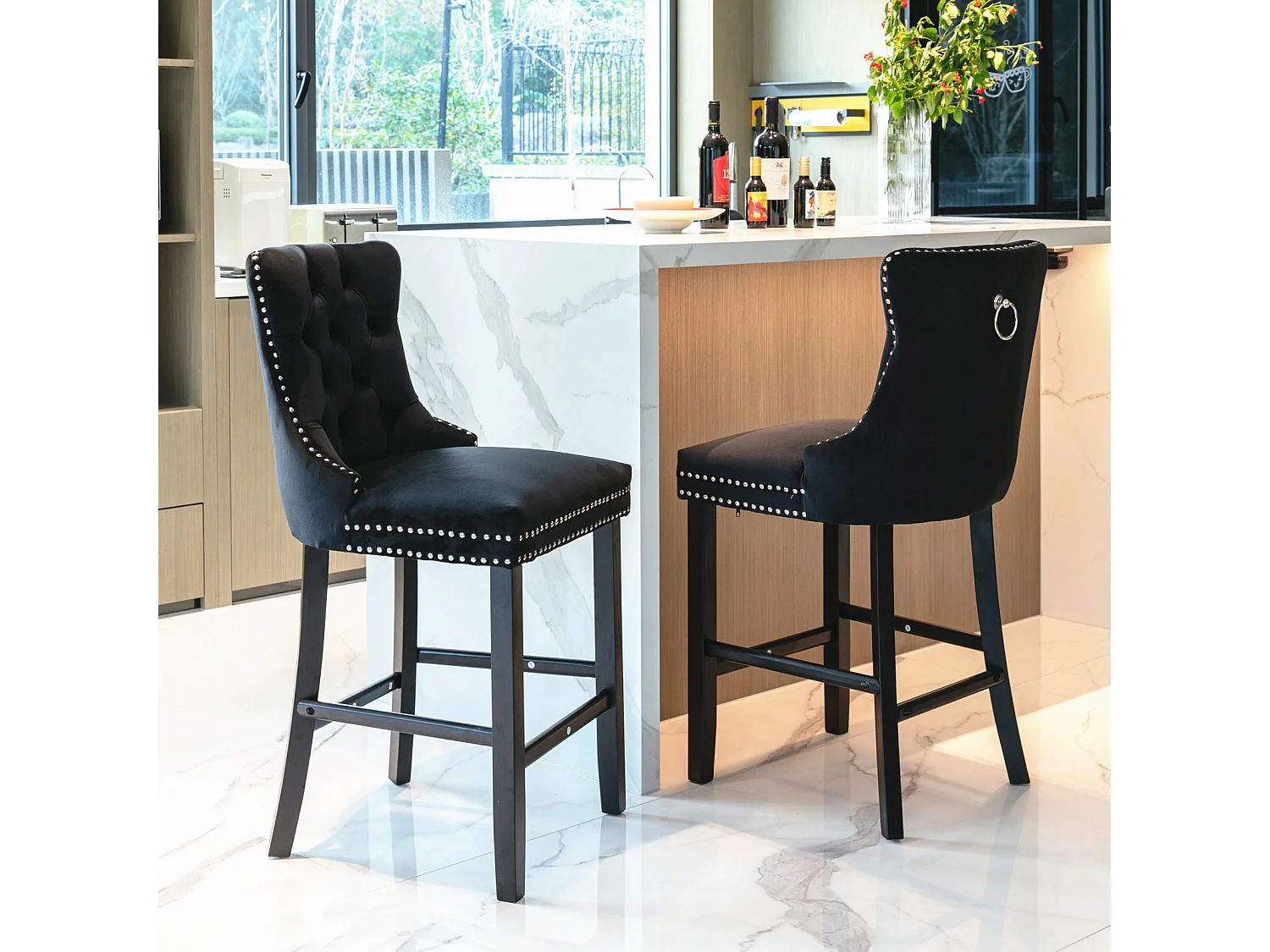 Set of 2 Velvet Bar Stools Kitchen Breakfast Barstools with Wooden Legs