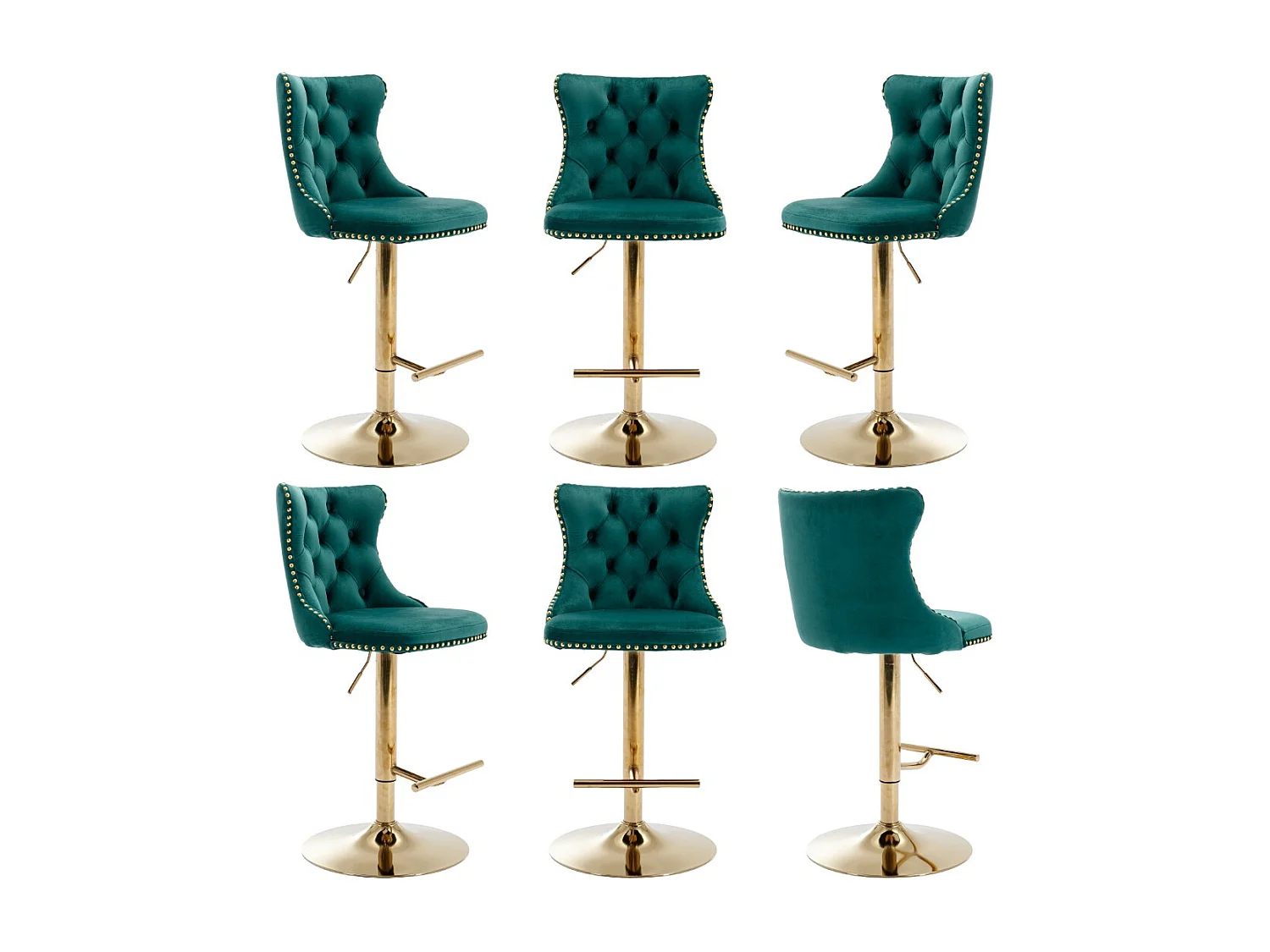 Set of 6 Luxury Velvet Adjustable Swivel Bar Stools with Gold Base