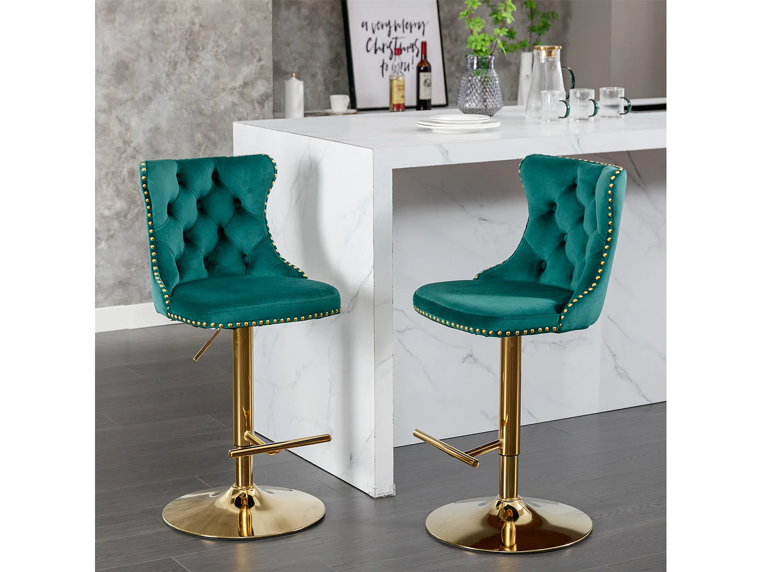 Set of 6 Luxury Velvet Adjustable Swivel Bar Stools with Gold Base