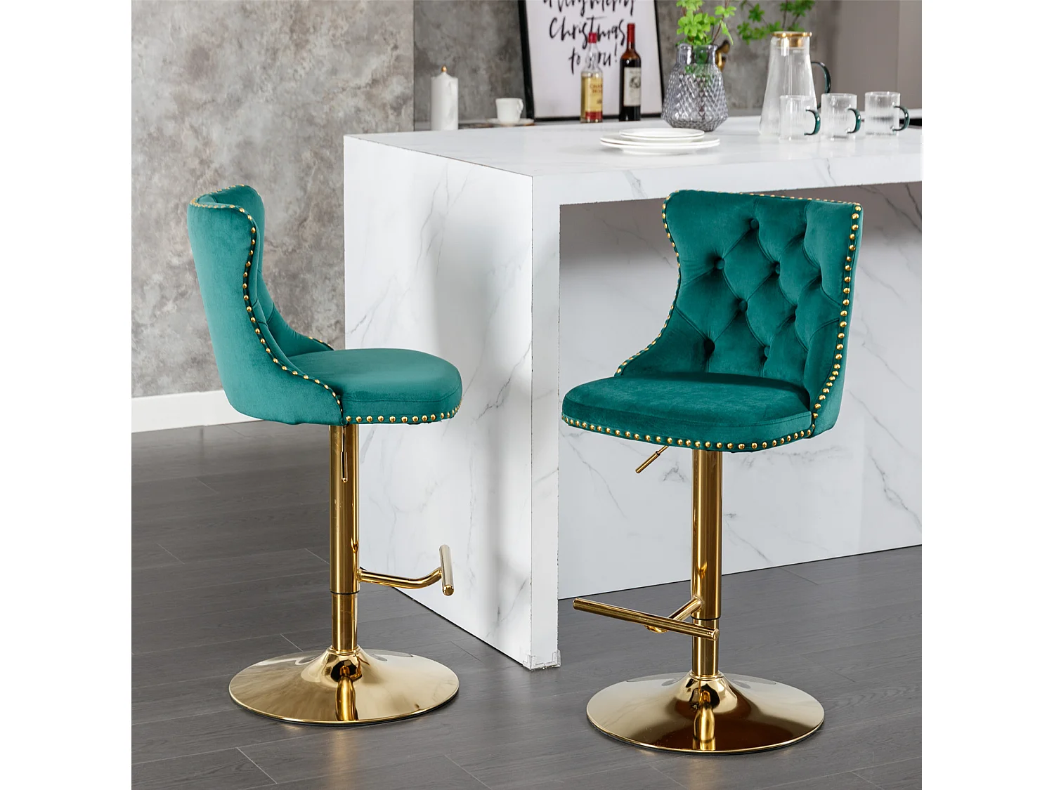 Set of 6 Luxury Velvet Adjustable Swivel Bar Stools with Gold Base