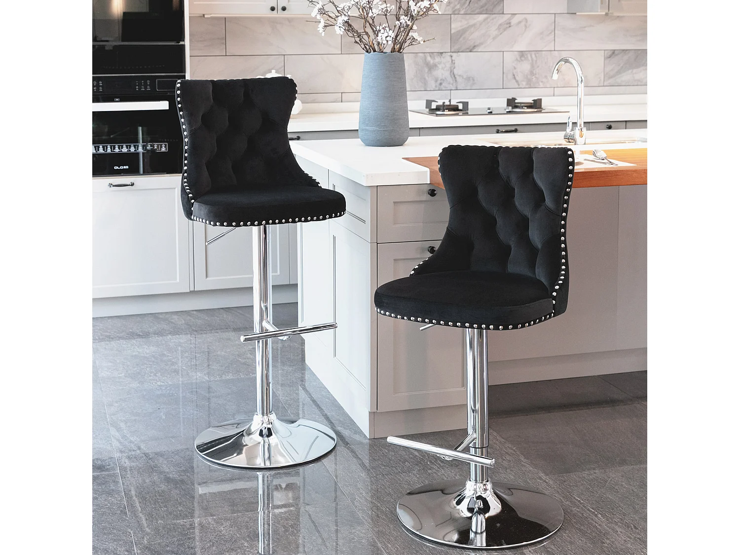 Set of 2 Luxury Velvet Bar Stools with Adjustable Swivel Chrome Base