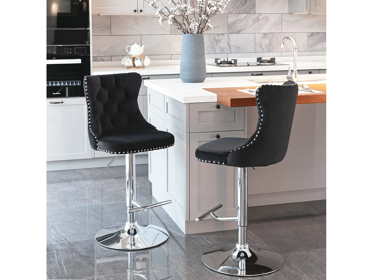 Set of 2 Luxury Velvet Bar Stools with Adjustable Swivel Chrome Base