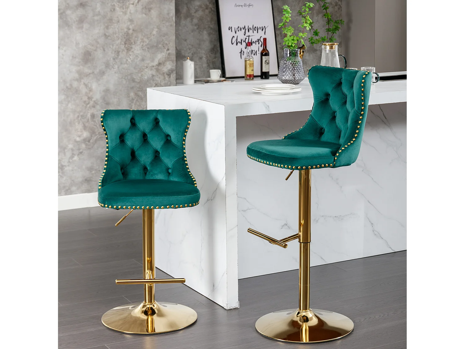 Set of 4 Velvet Upholstered Bar Stools with Adjustable Height Swivel Barstools