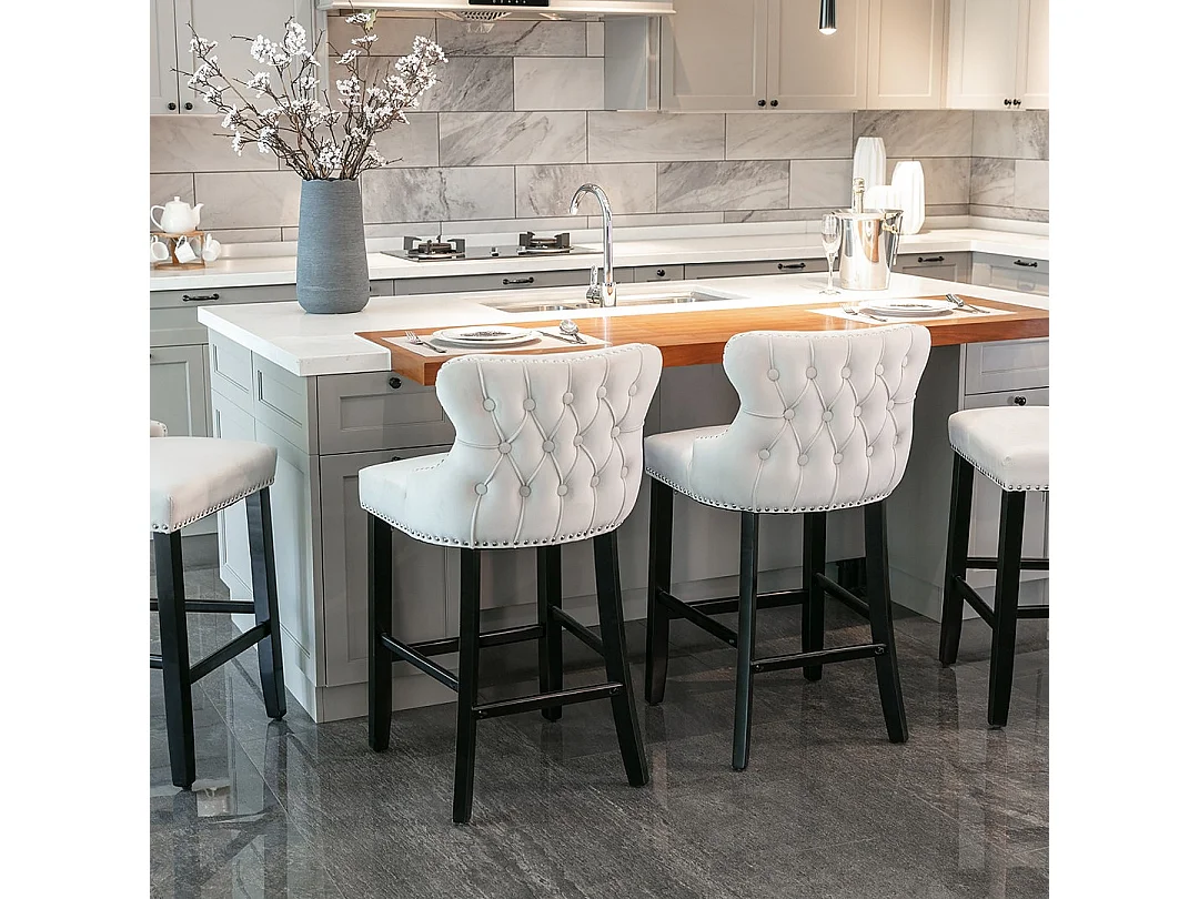 Set of 6 Wing Back Bar Stools with Velvet Upholstery and Oak Wood Legs