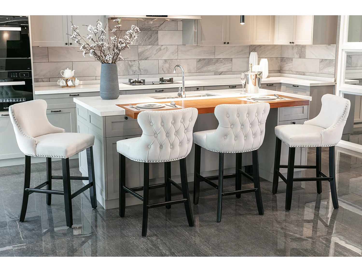 Set of 6 Wing Back Bar Stools with Velvet Upholstery and Oak Wood Legs