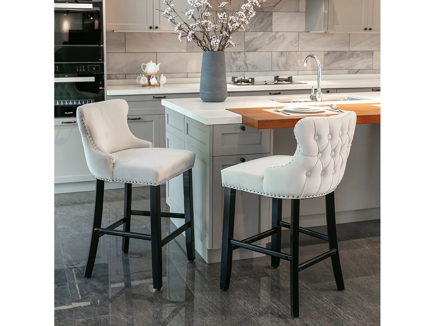 Set of 6 Wing Back Bar Stools with Velvet Upholstery and Oak Wood Legs