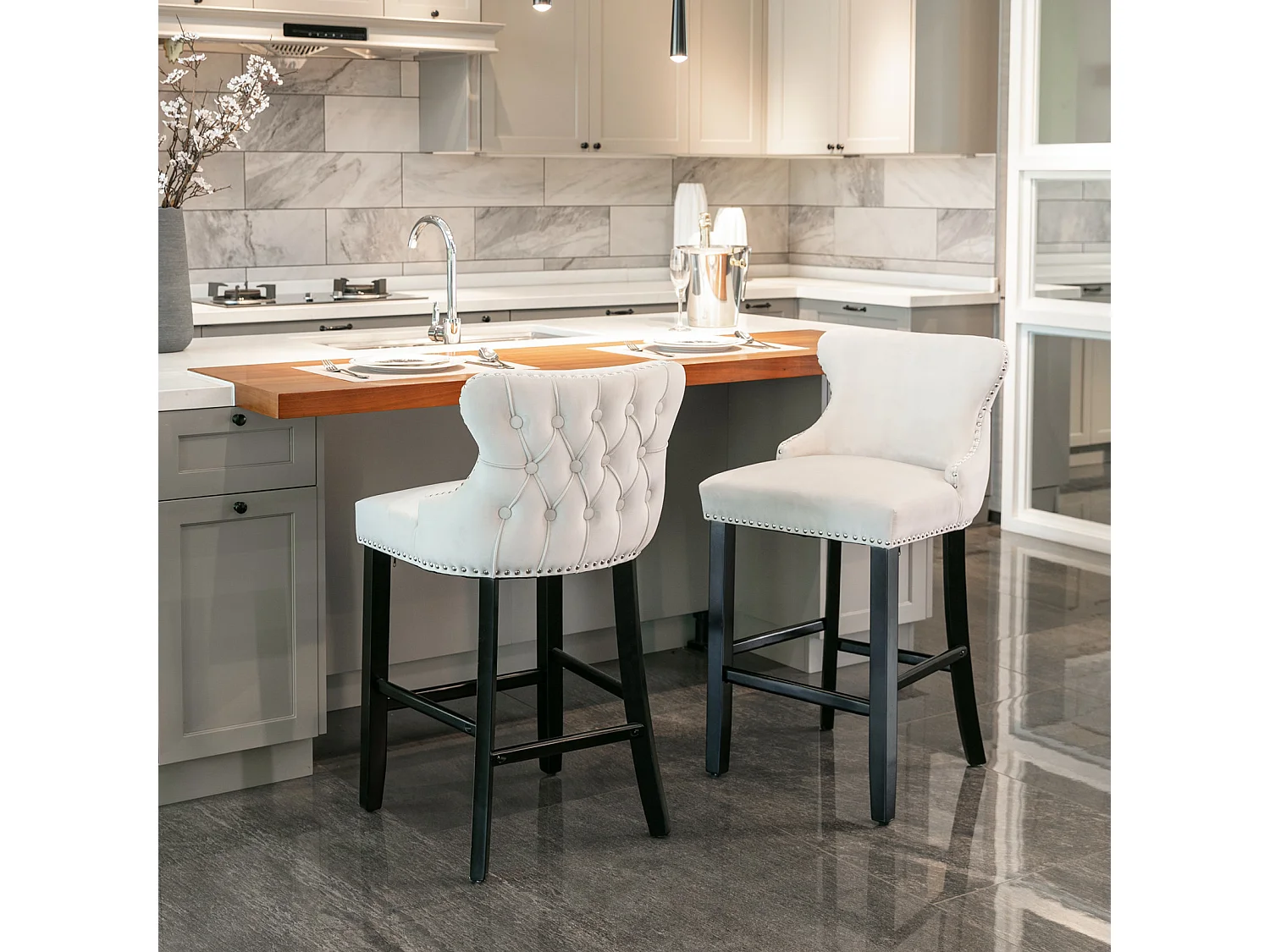 Set of 6 Wing Back Bar Stools with Velvet Upholstery and Oak Wood Legs