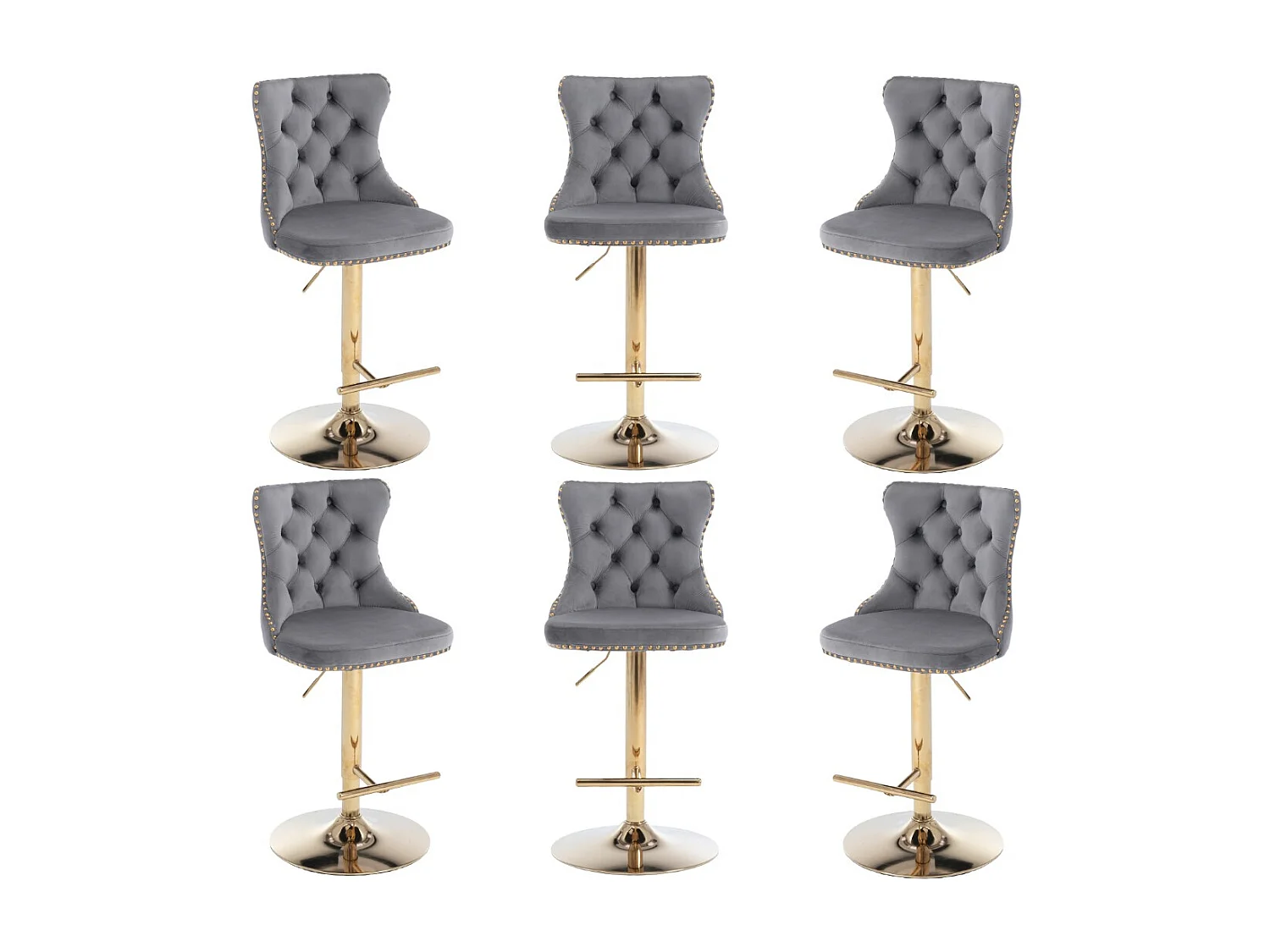 Set of 6 Luxury Velvet Adjustable Swivel Bar Stools with Gold Base