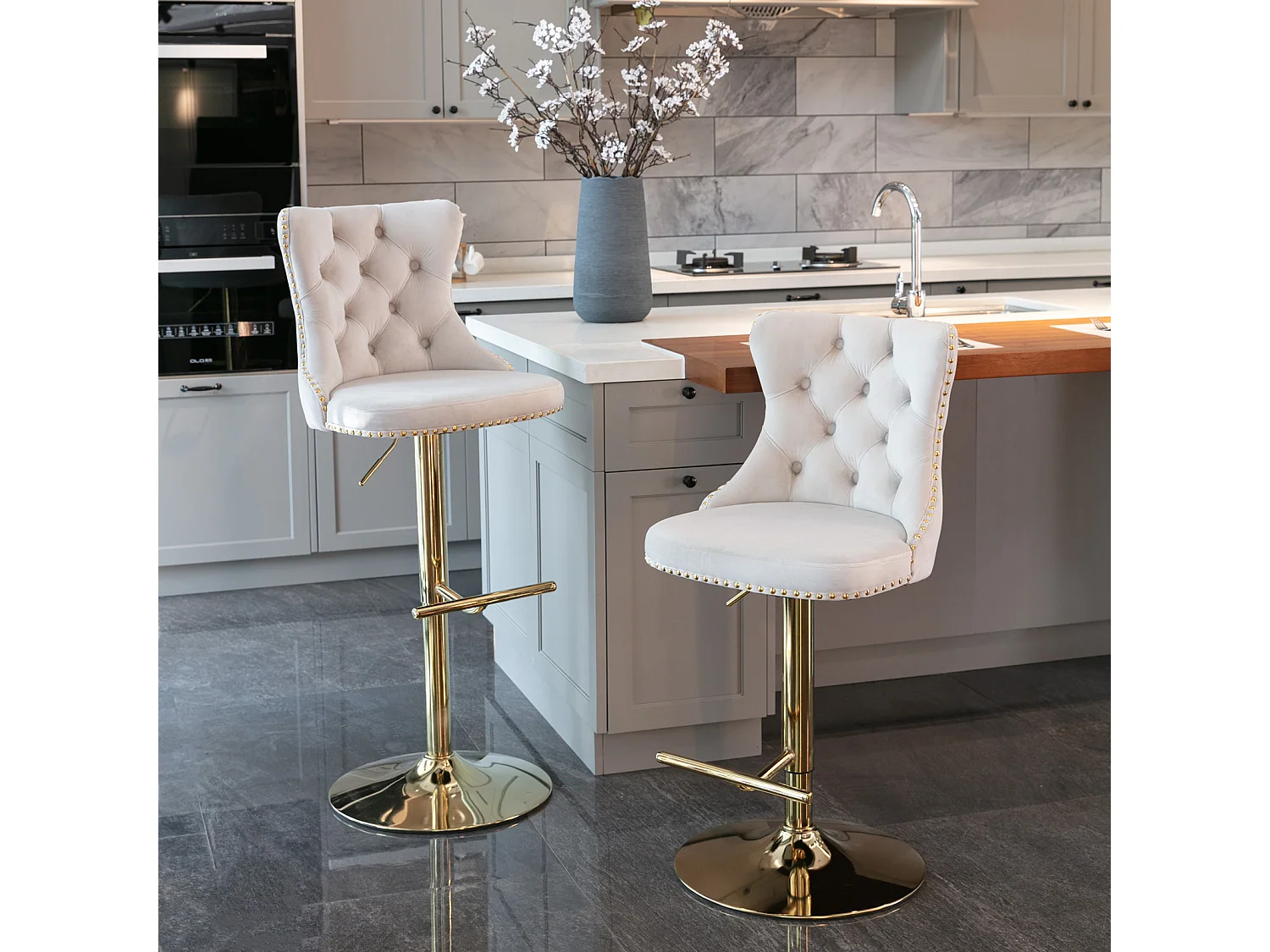 Set of 4 Velvet Upholstered Bar Stools with Adjustable Height Swivel Barstools