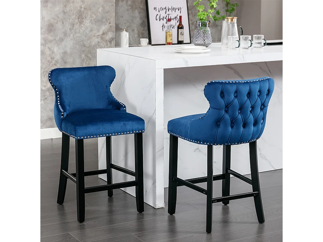 Set of 6 Wing Back Bar Stools with Velvet Upholstery and Oak Wood Legs