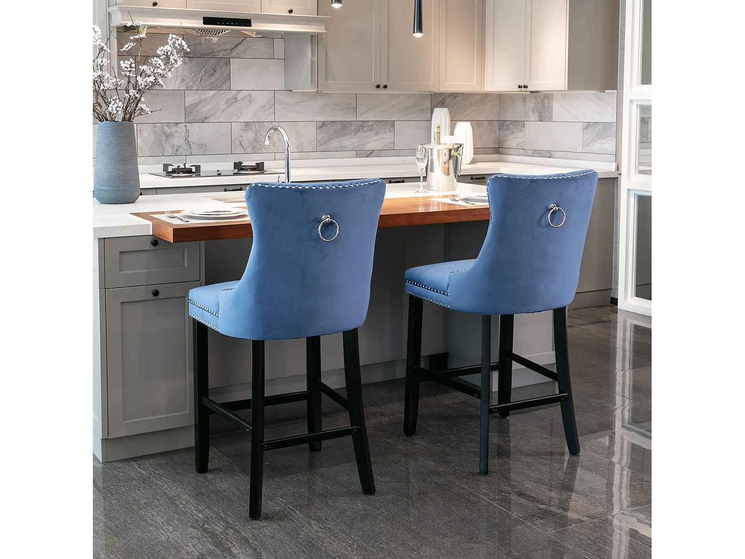 Lux Set of 4 Velvet Upholstered Bar Stools for Kitchen Counter