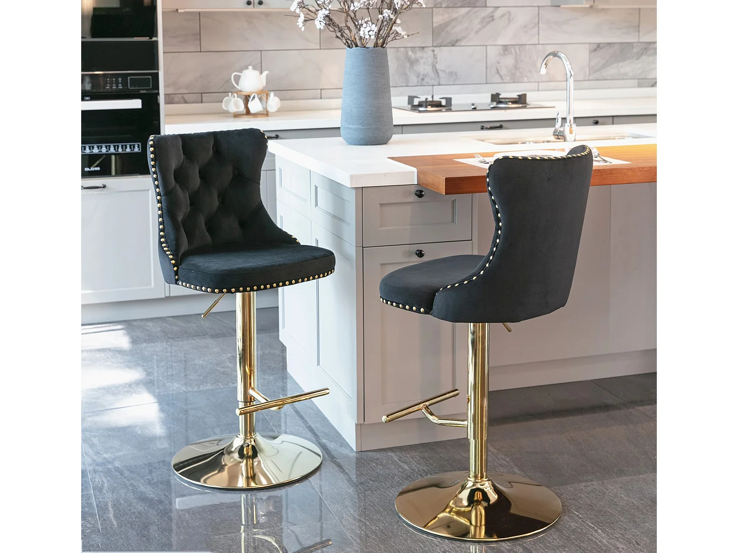 Set of 4 Velvet Upholstered Bar Stools with Adjustable Height Swivel Barstools
