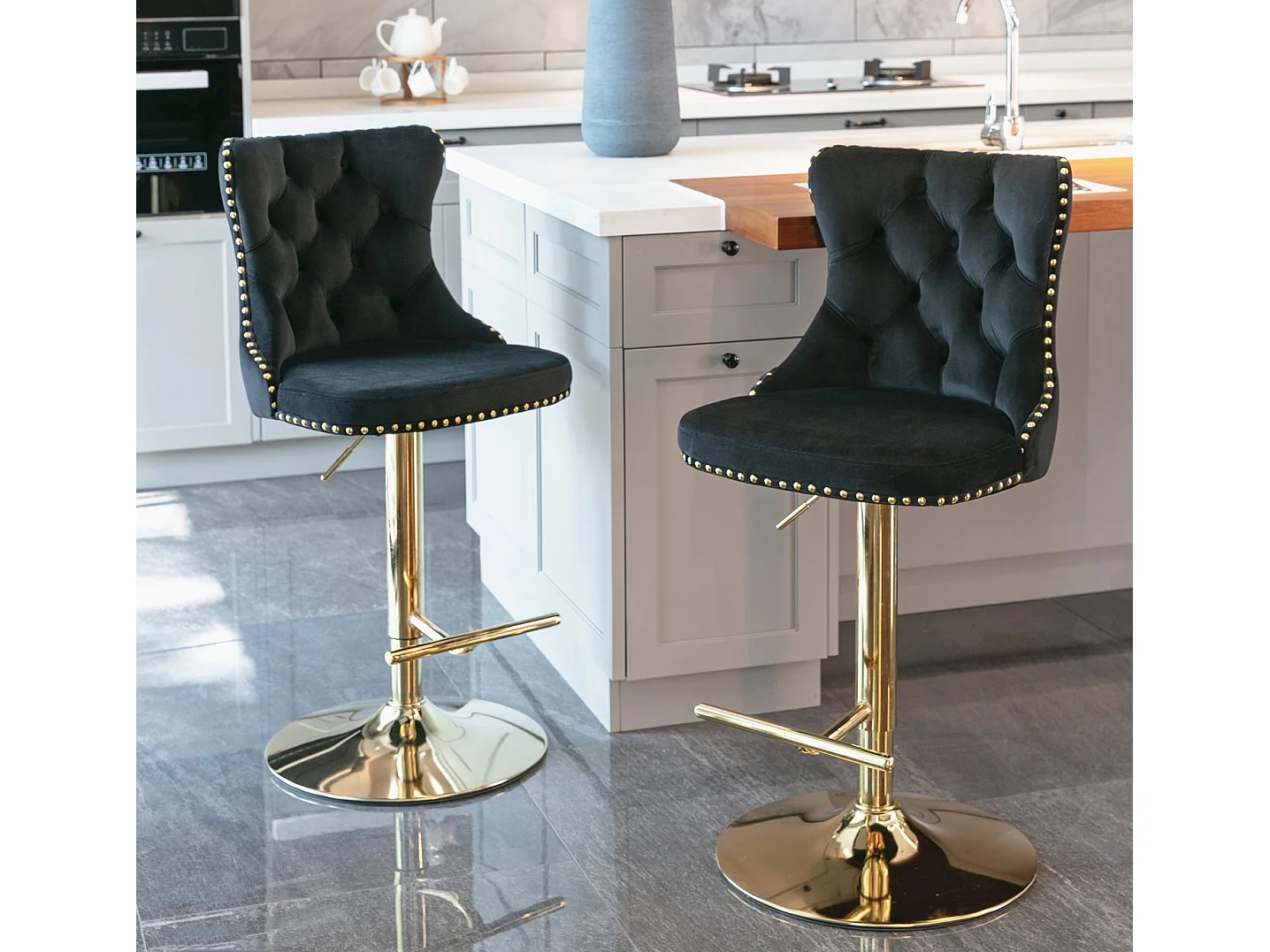 Set of 4 Velvet Upholstered Bar Stools with Adjustable Height Swivel Barstools