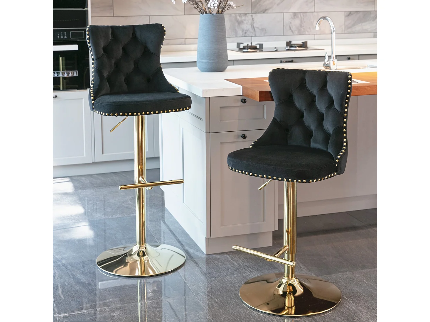 Set of 4 Velvet Upholstered Bar Stools with Adjustable Height Swivel Barstools