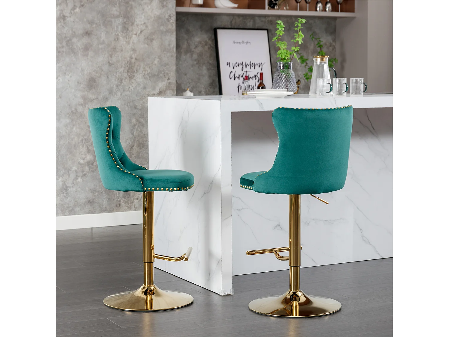 Set of 2 Luxury Velvet Bar Stools with Adjustable Swivel Gold Base