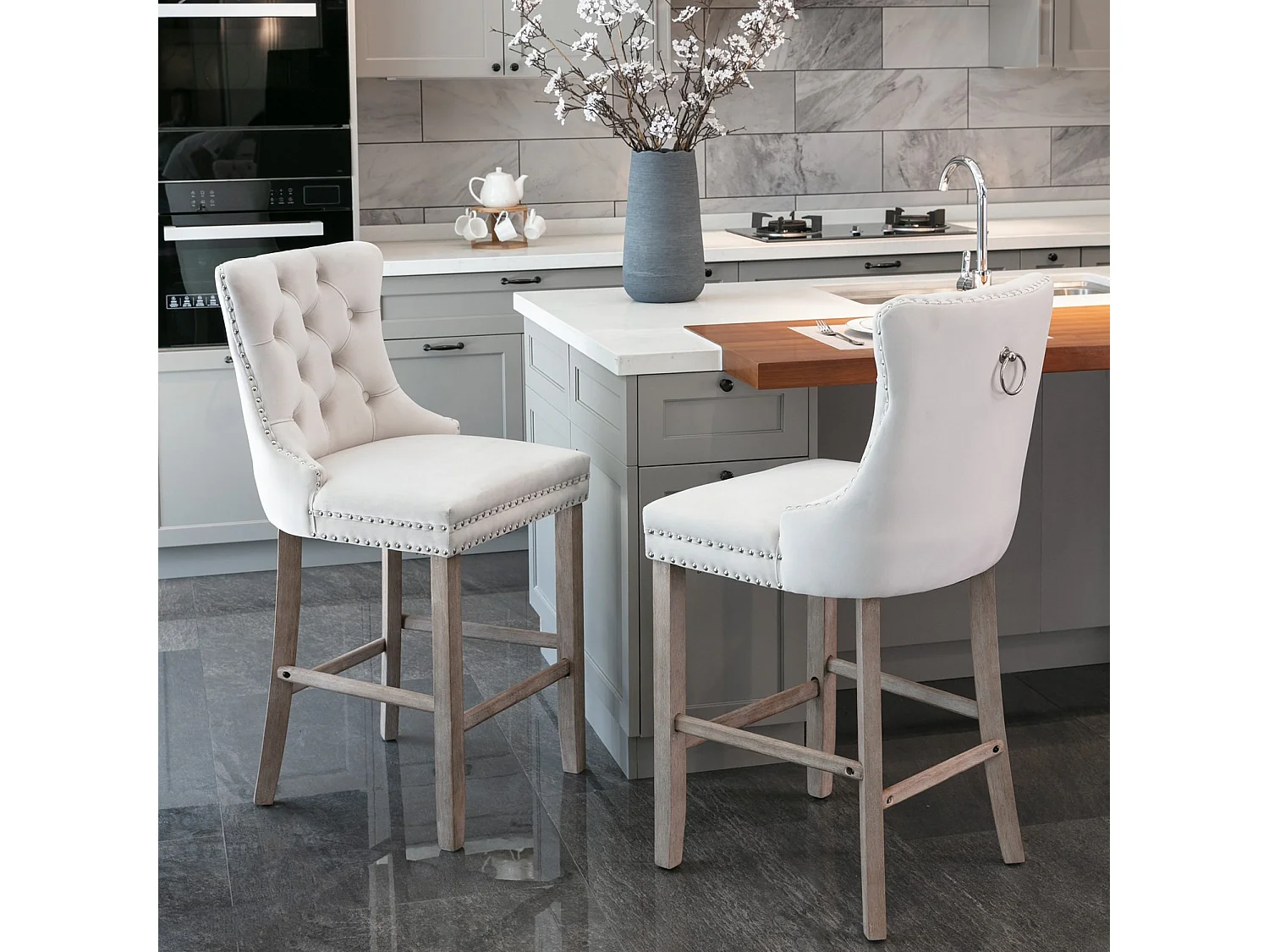 Set of 2 Velvet Bar Stools Kitchen Breakfast Barstools with Wooden Legs