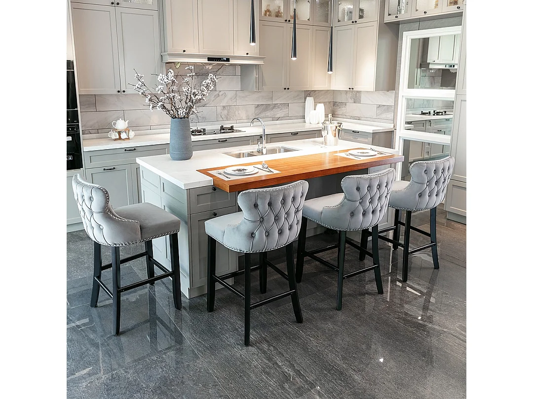 Set of 6 Wing Back Bar Stools with Velvet Upholstery and Oak Wood Legs