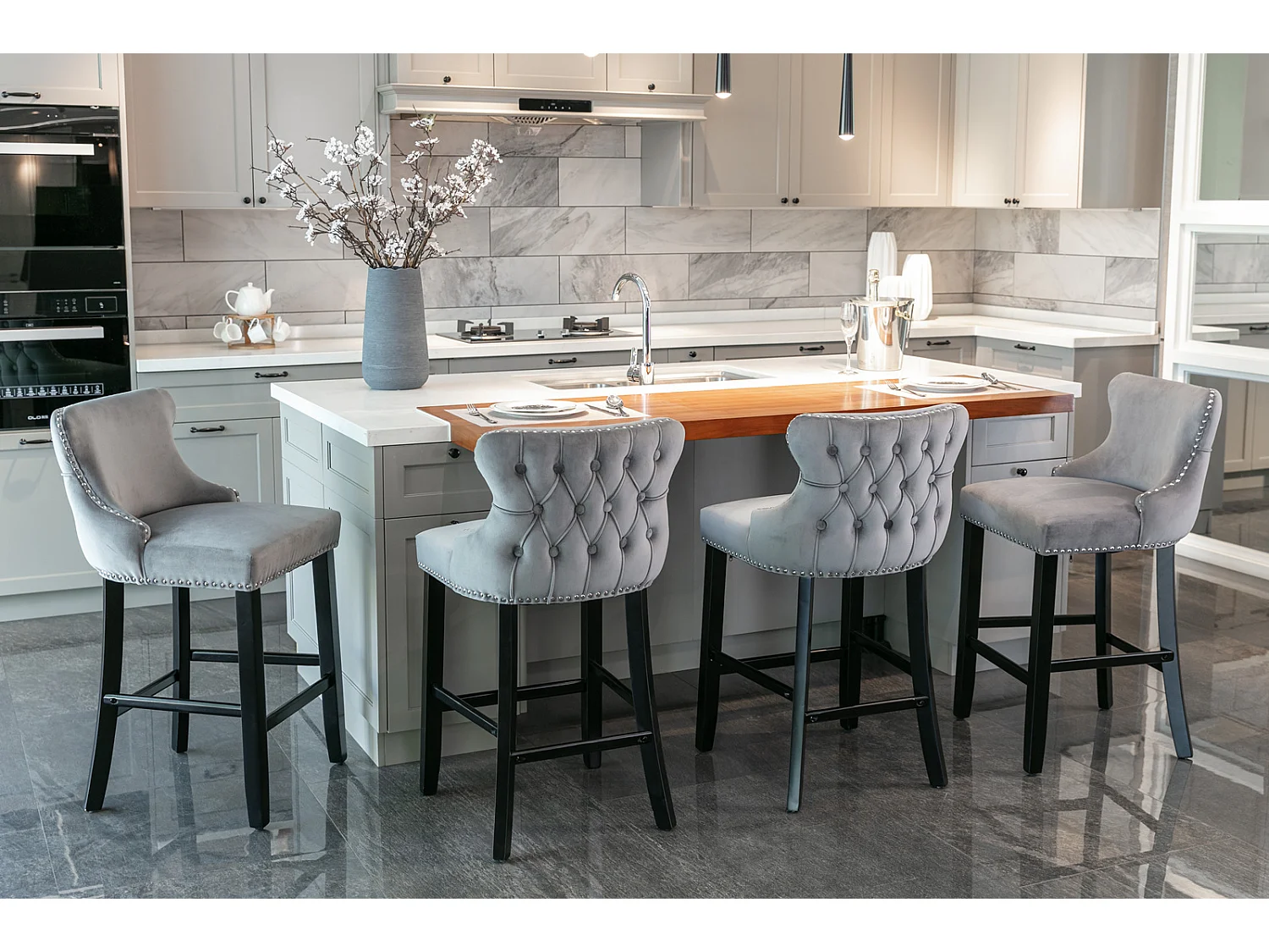 Set of 6 Wing Back Bar Stools with Velvet Upholstery and Oak Wood Legs