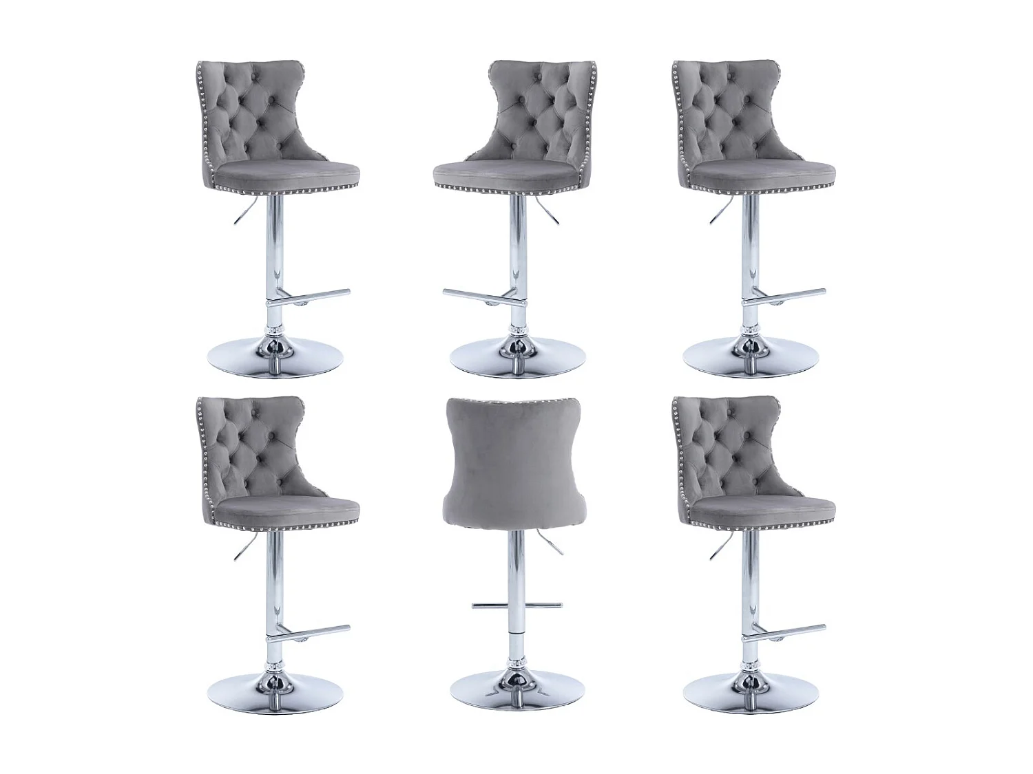 Set of 6 Luxury Velvet Bar Stools with  Adjustable Swivel Chrome Base