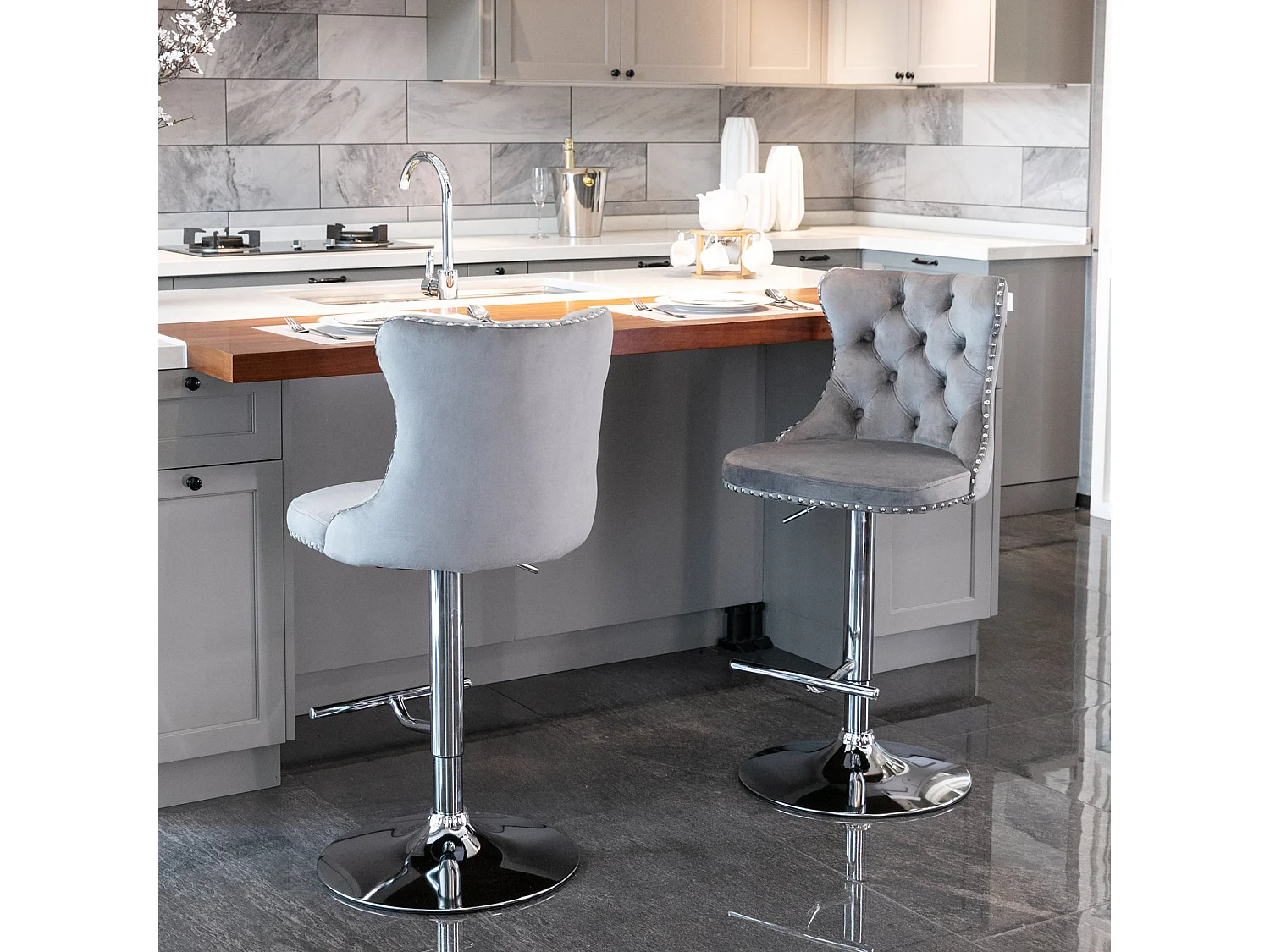 Set of 6 Luxury Velvet Bar Stools with  Adjustable Swivel Chrome Base