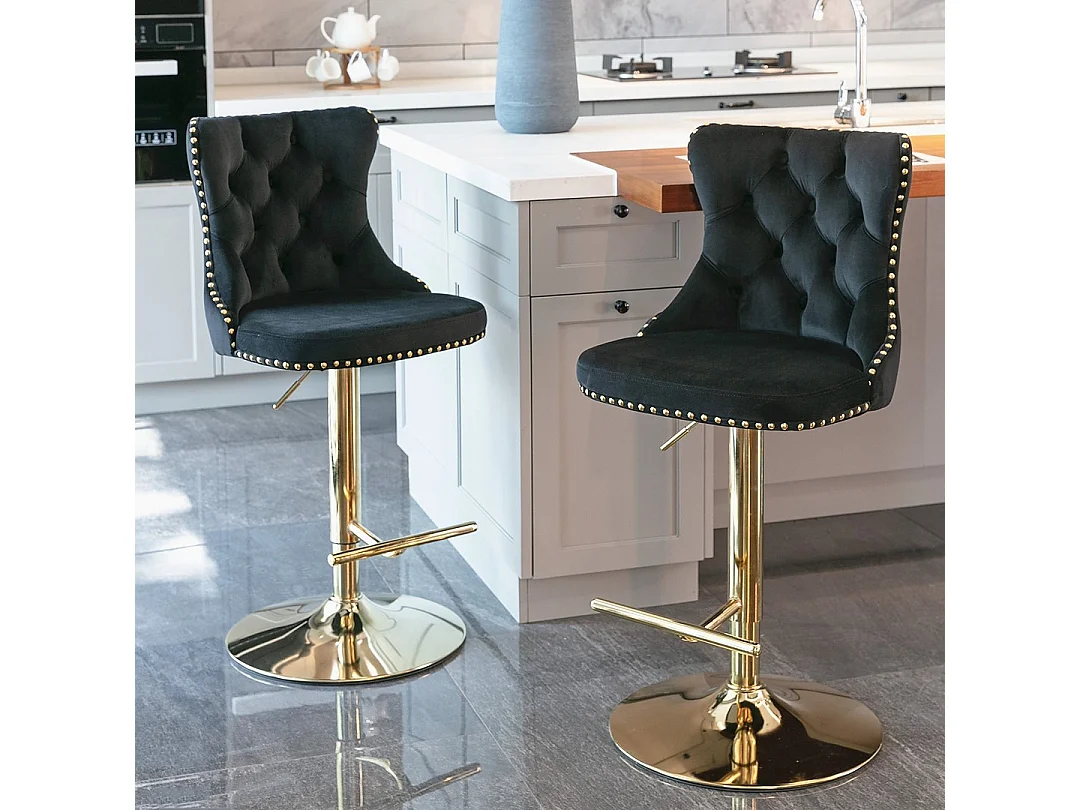 Set of 2 Luxury Velvet Bar Stools with Adjustable Swivel Gold Base