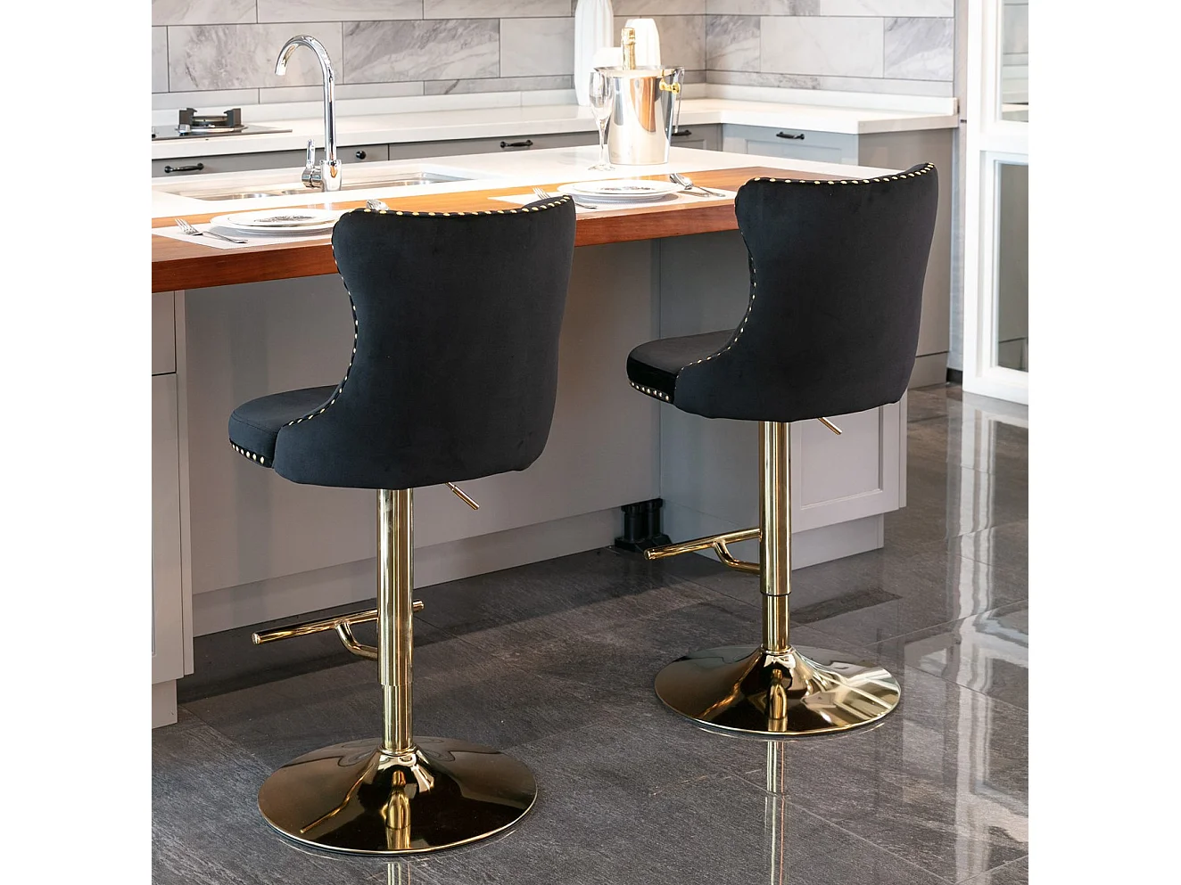 Set of 2 Luxury Velvet Bar Stools with Adjustable Swivel Gold Base