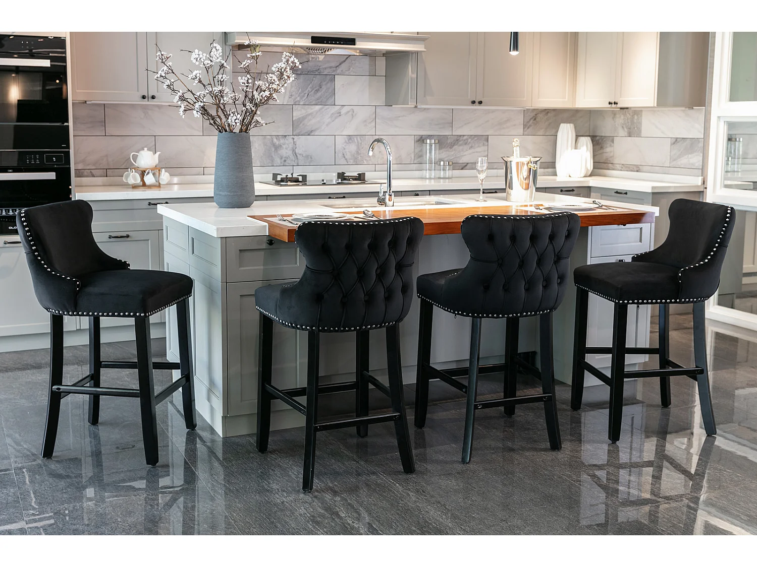 Set of 4 Velvet Upholstered Bar Stools with Oak Wood Legs