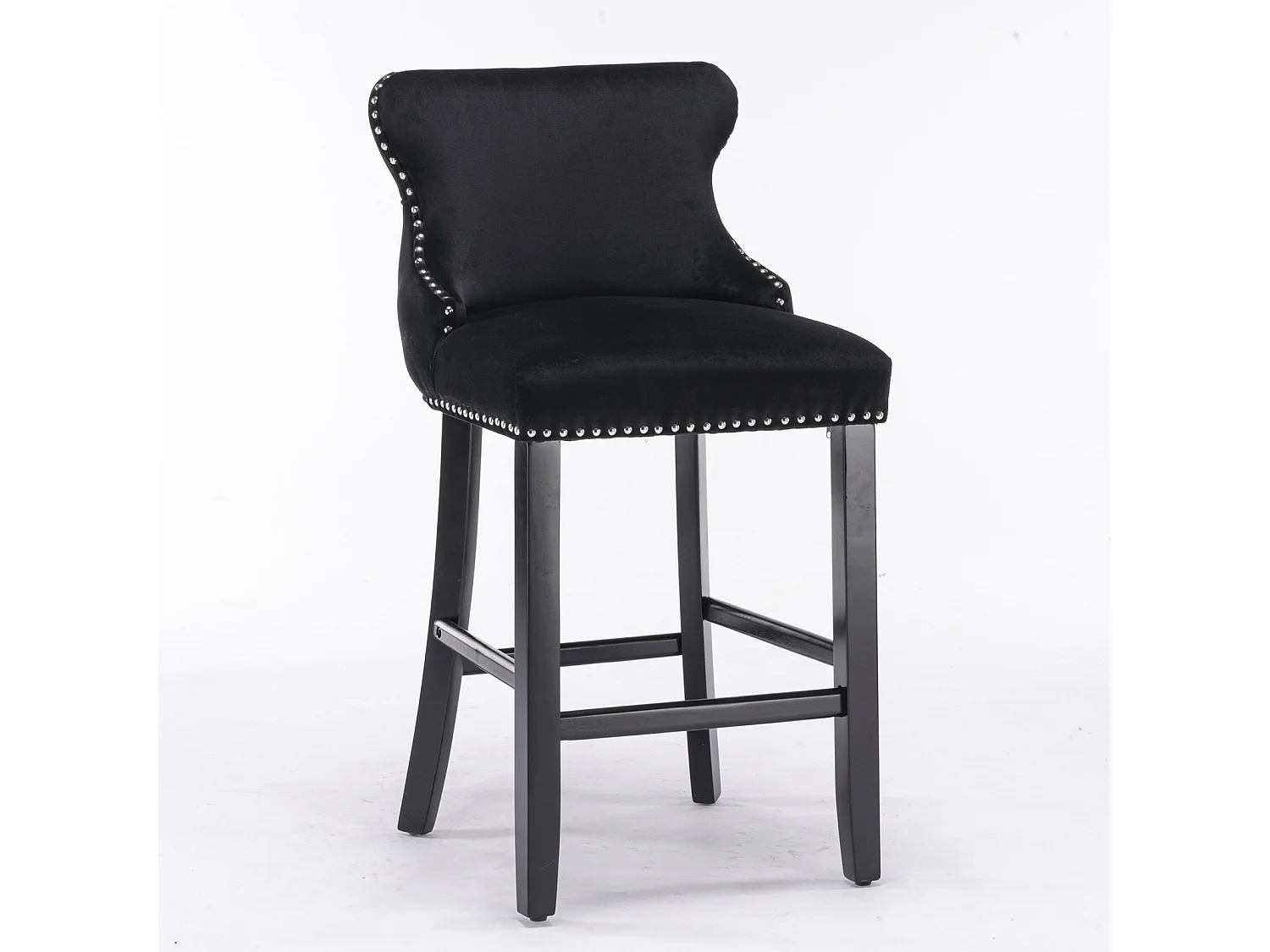 Set of 4 Velvet Upholstered Bar Stools with Oak Wood Legs