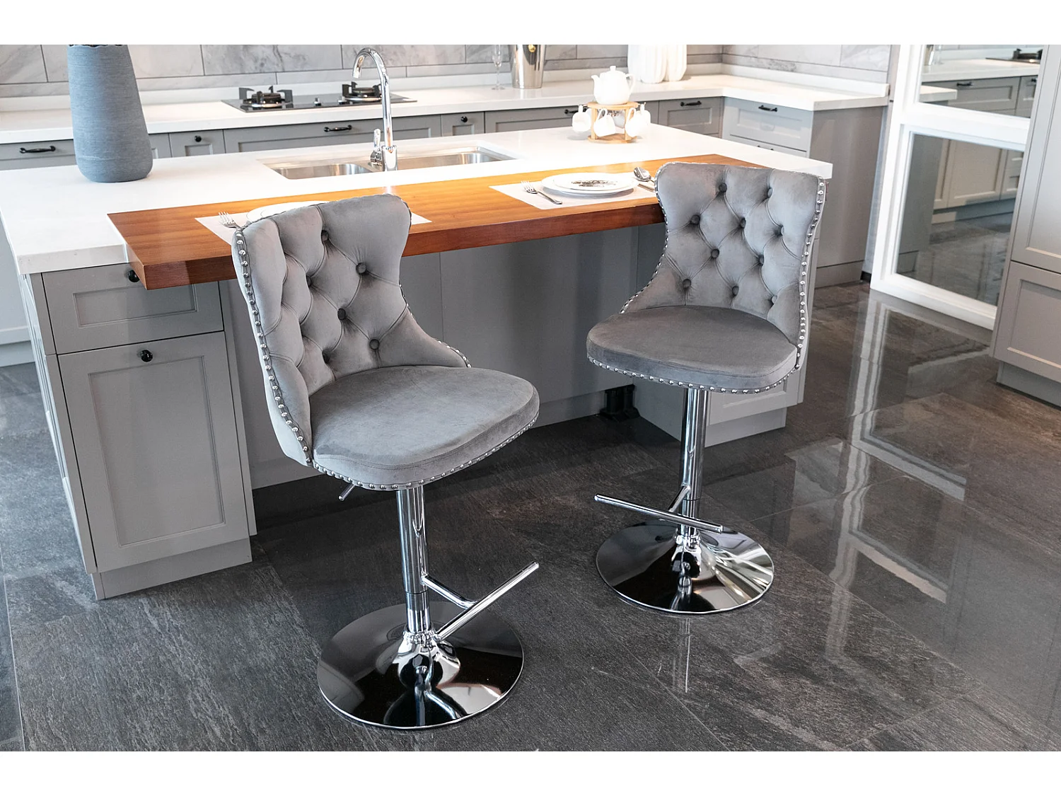 Set of 4 Luxury Velvet Bar Stools with Adjustable Swivel Chrome Base