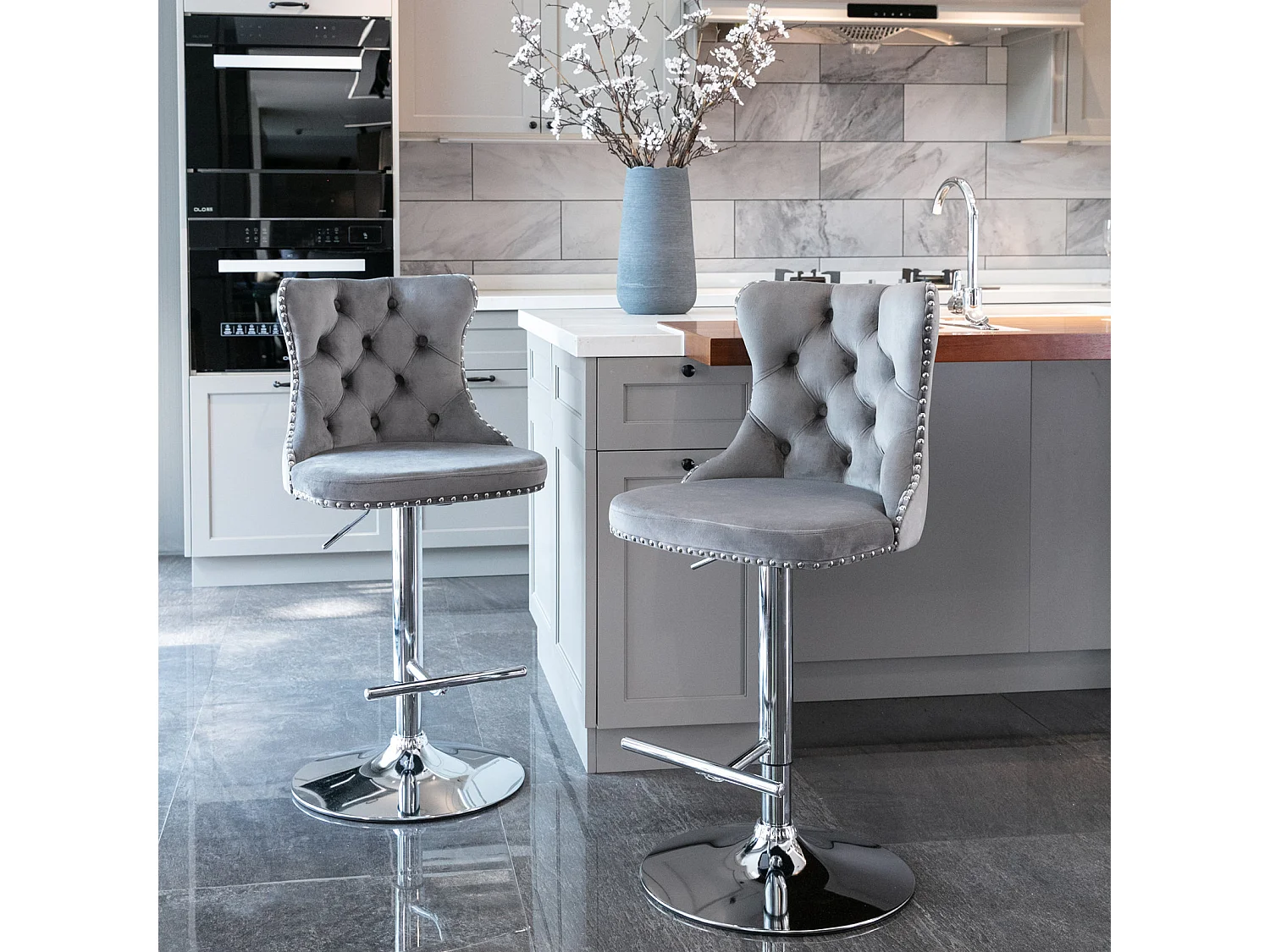 Set of 4 Luxury Velvet Bar Stools with Adjustable Swivel Chrome Base