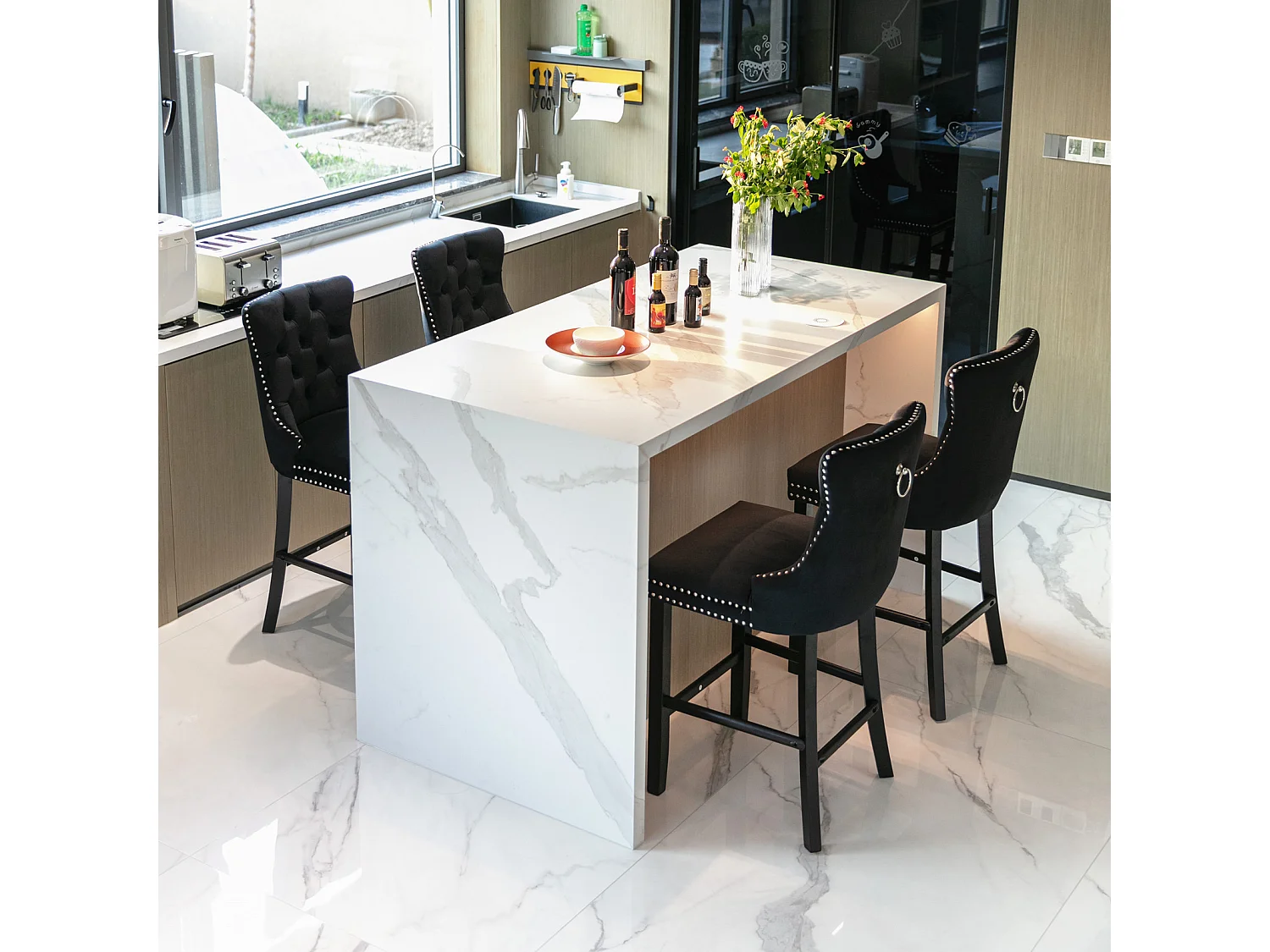 Lux Set of 4 Velvet Upholstered Bar Stools for Kitchen Counter