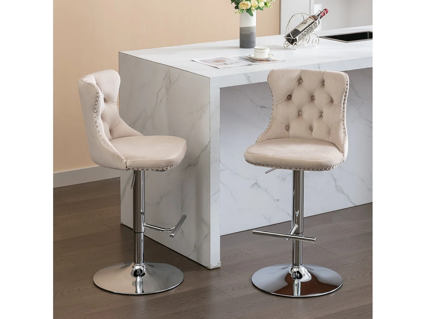 Set of 2 Luxury Velvet Bar Stools with Adjustable Swivel Chrome Base