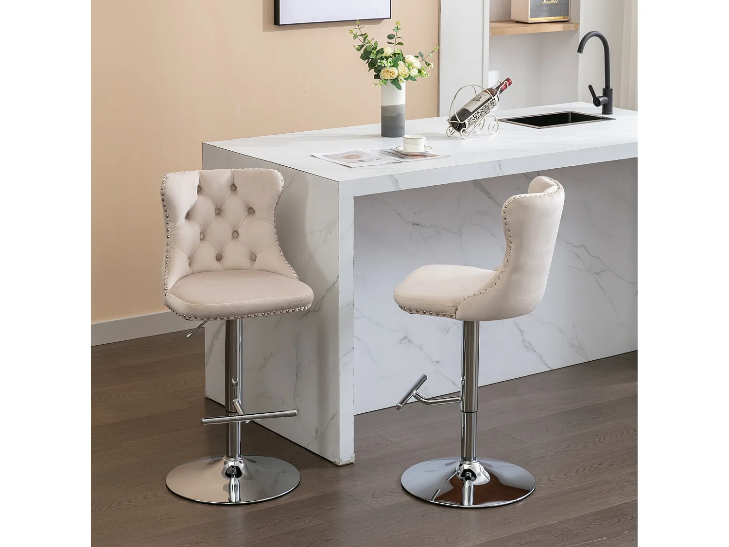 Set of 4 Luxury Velvet Bar Stools with Adjustable Swivel Chrome Base