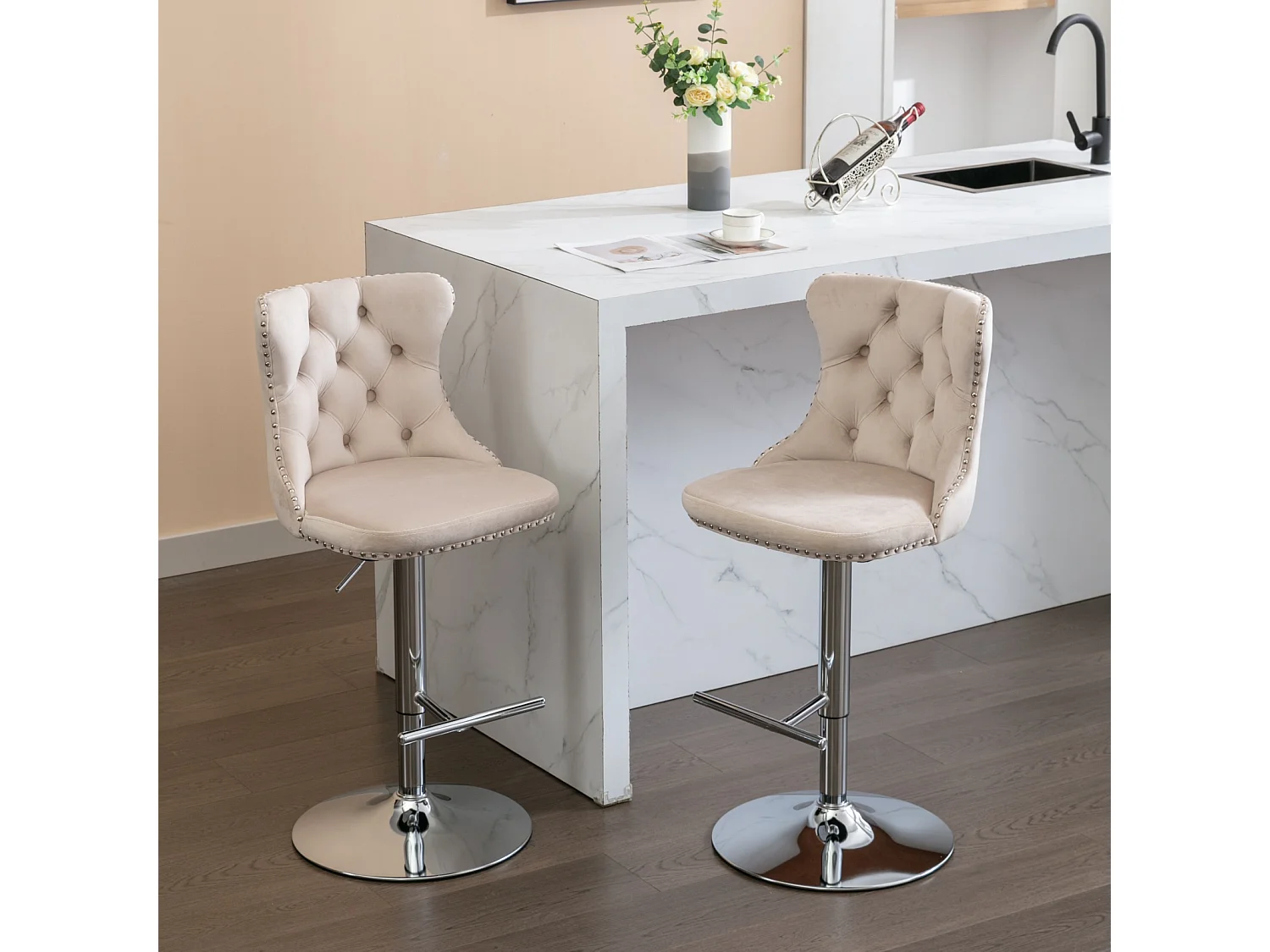 Set of 4 Luxury Velvet Bar Stools with Adjustable Swivel Chrome Base