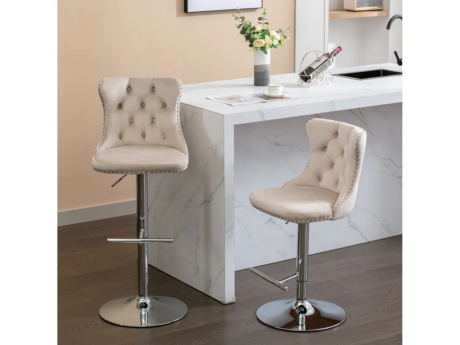 Set of 4 Luxury Velvet Bar Stools with Adjustable Swivel Chrome Base