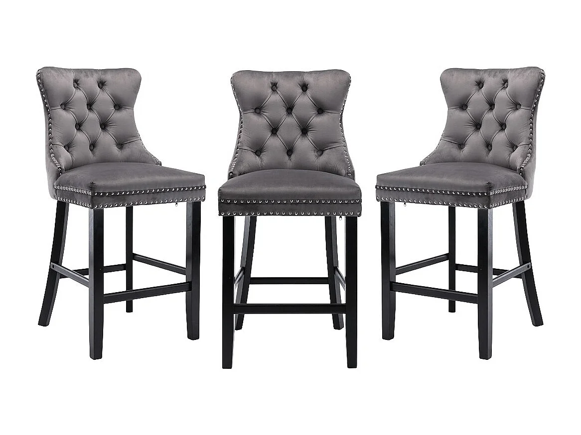 Romsey Set of 3 Velvet Barstools with Wooden Legs and Knocker Ring Back
