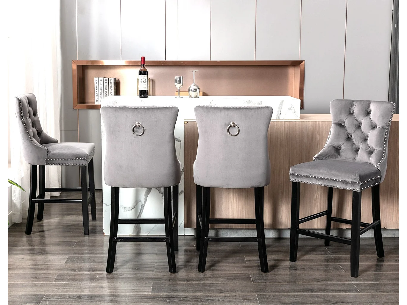 Romsey Set of 3 Velvet Barstools with Wooden Legs and Knocker Ring Back