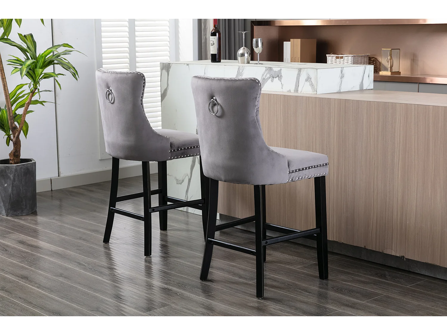 Romsey Set of 3 Velvet Barstools with Wooden Legs and Knocker Ring Back