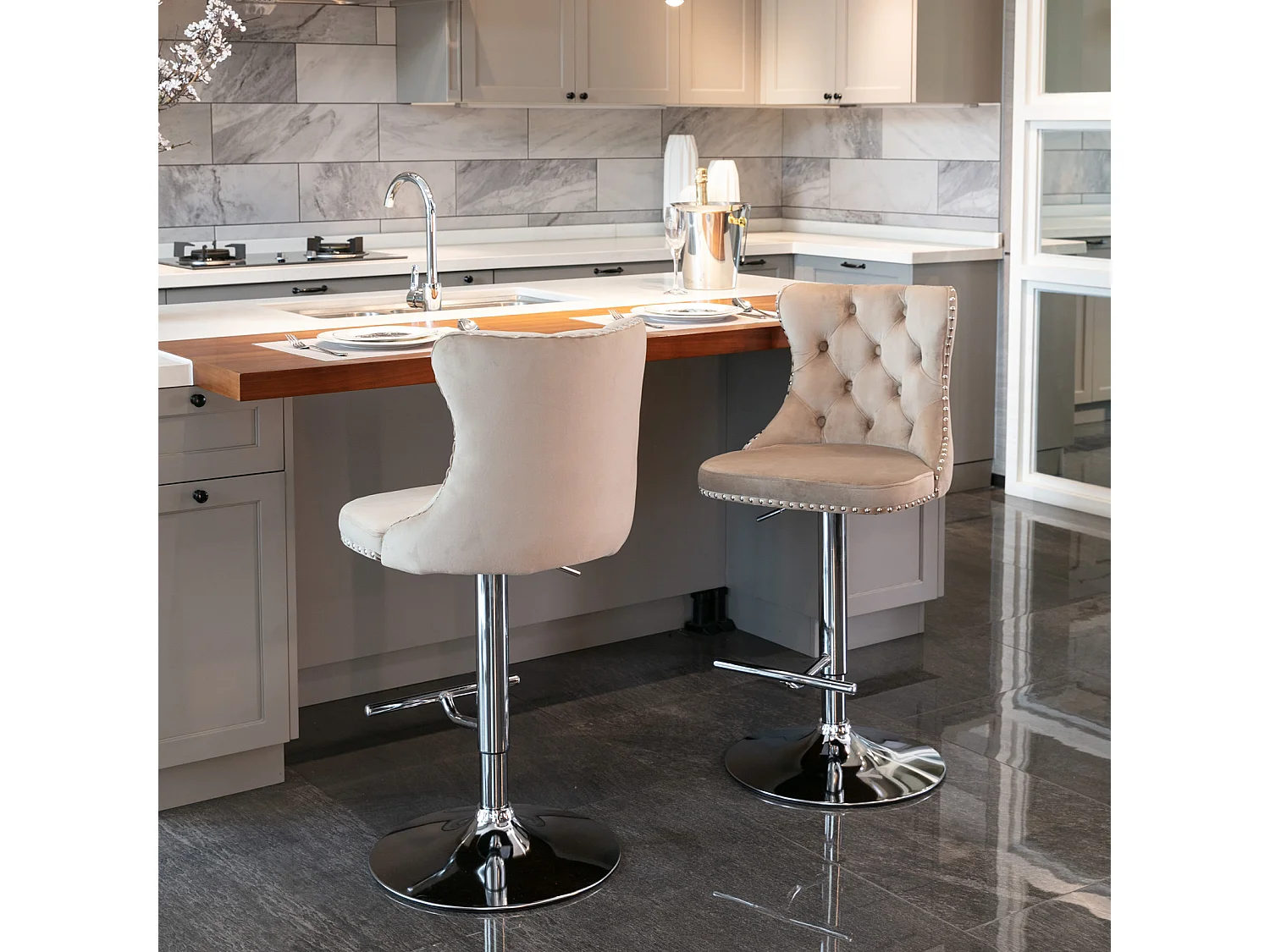 Set of 2 Luxury Velvet Bar Stools with Adjustable Swivel Chrome Base