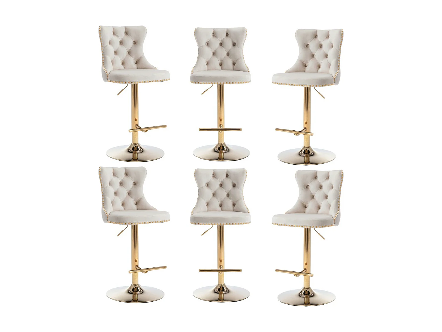 Set of 6 Luxury Velvet Adjustable Swivel Bar Stools with Gold Base