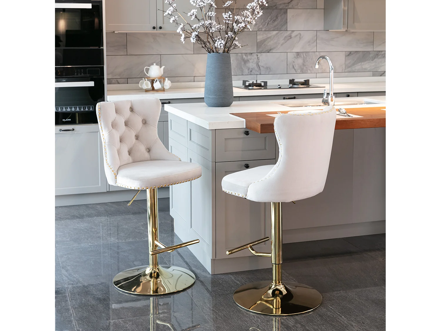 Set of 6 Luxury Velvet Adjustable Swivel Bar Stools with Gold Base