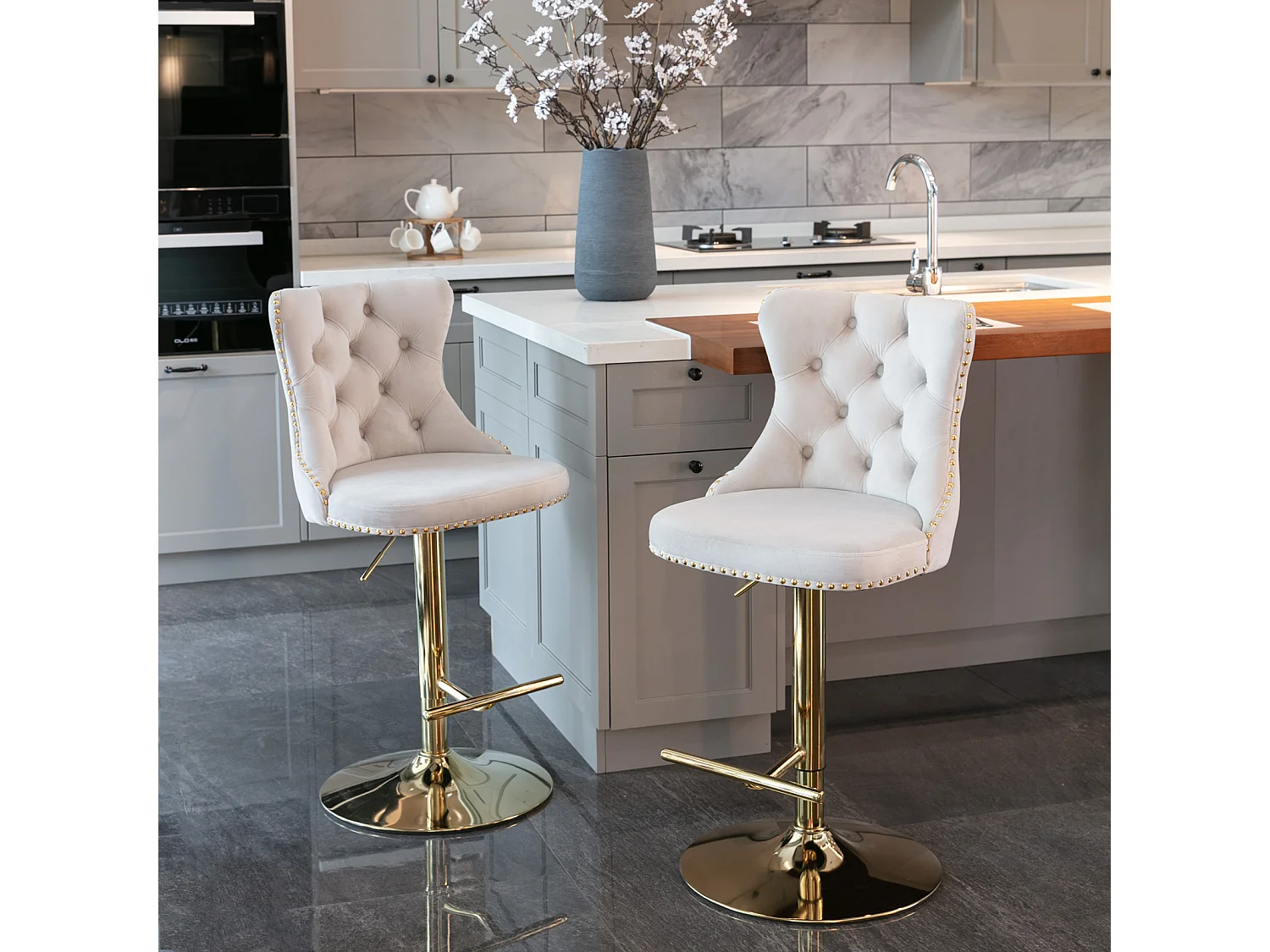 Set of 6 Luxury Velvet Adjustable Swivel Bar Stools with Gold Base