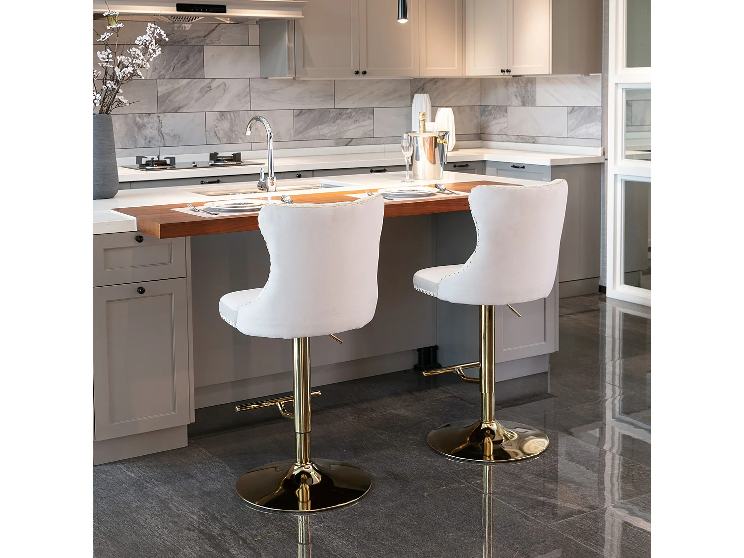 Set of 6 Luxury Velvet Adjustable Swivel Bar Stools with Gold Base