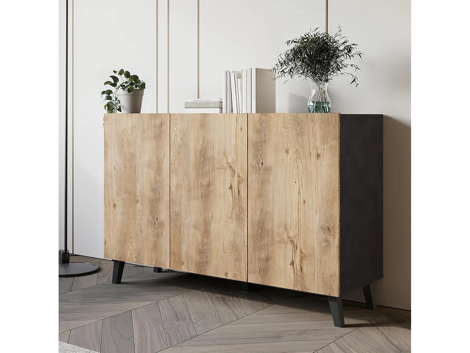 Aparador PHUKET 120 cm con 3 puertas, cómoda con patas, mueble de salón, color matera/castaño