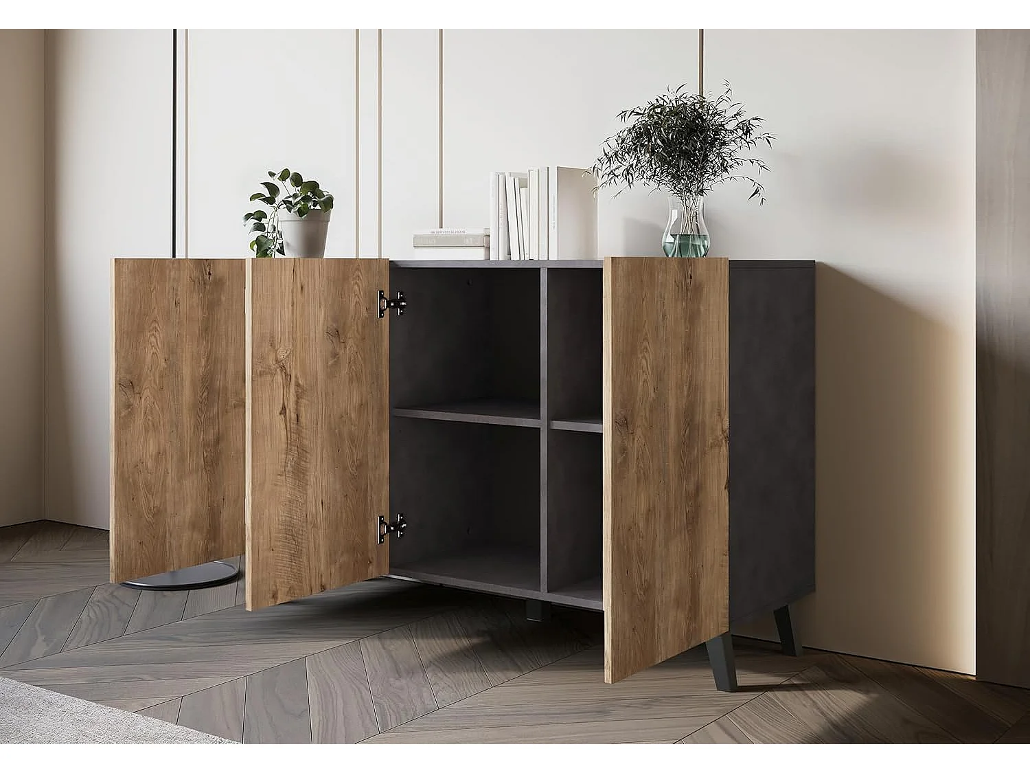 Aparador PHUKET 120 cm con 3 puertas, cómoda con patas, mueble de salón, color matera/castaño